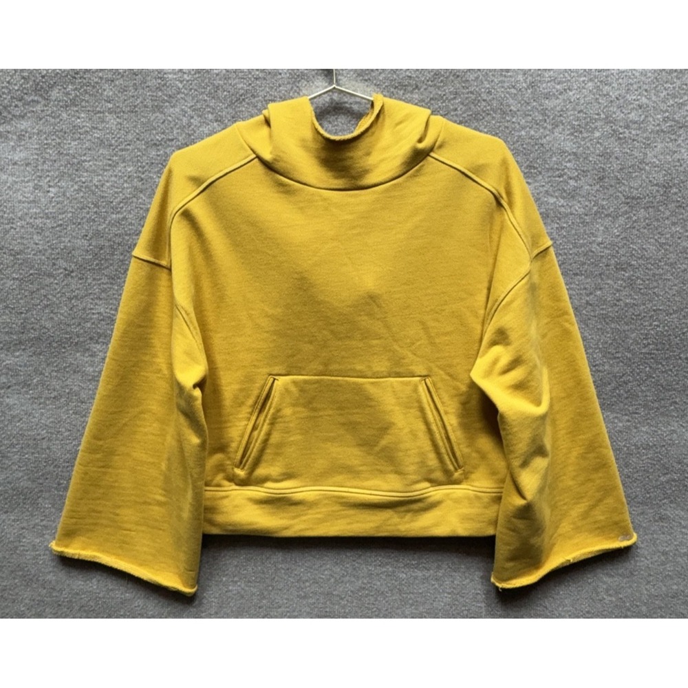 ALO YOGA Low Key Hoodie Raw Hem Pullover Hoody Yellow Medium Bell‎ Sleeves EUC